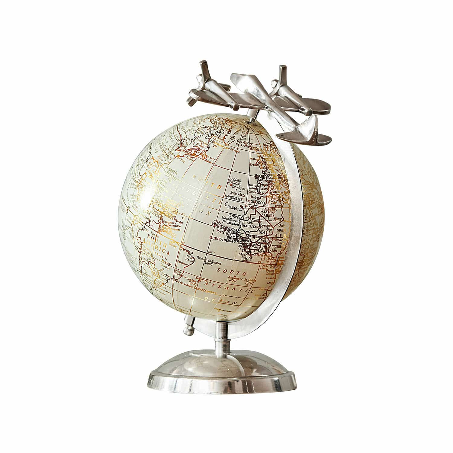 Globe décoratif Jollysail Globe décoratif vintage avec base en métal argenté et avions, accessoire de bureau élégant