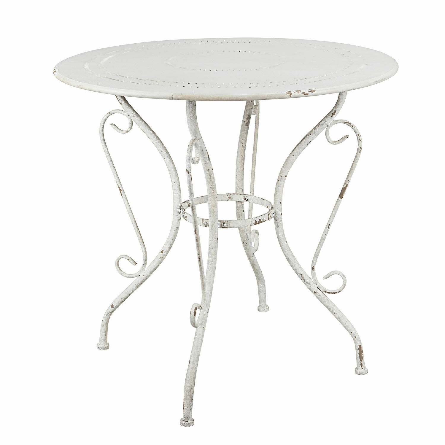 blanc vieilli Table ronde en métal blanc antique avec pieds décoratifs, meuble de jardin vintage élégant