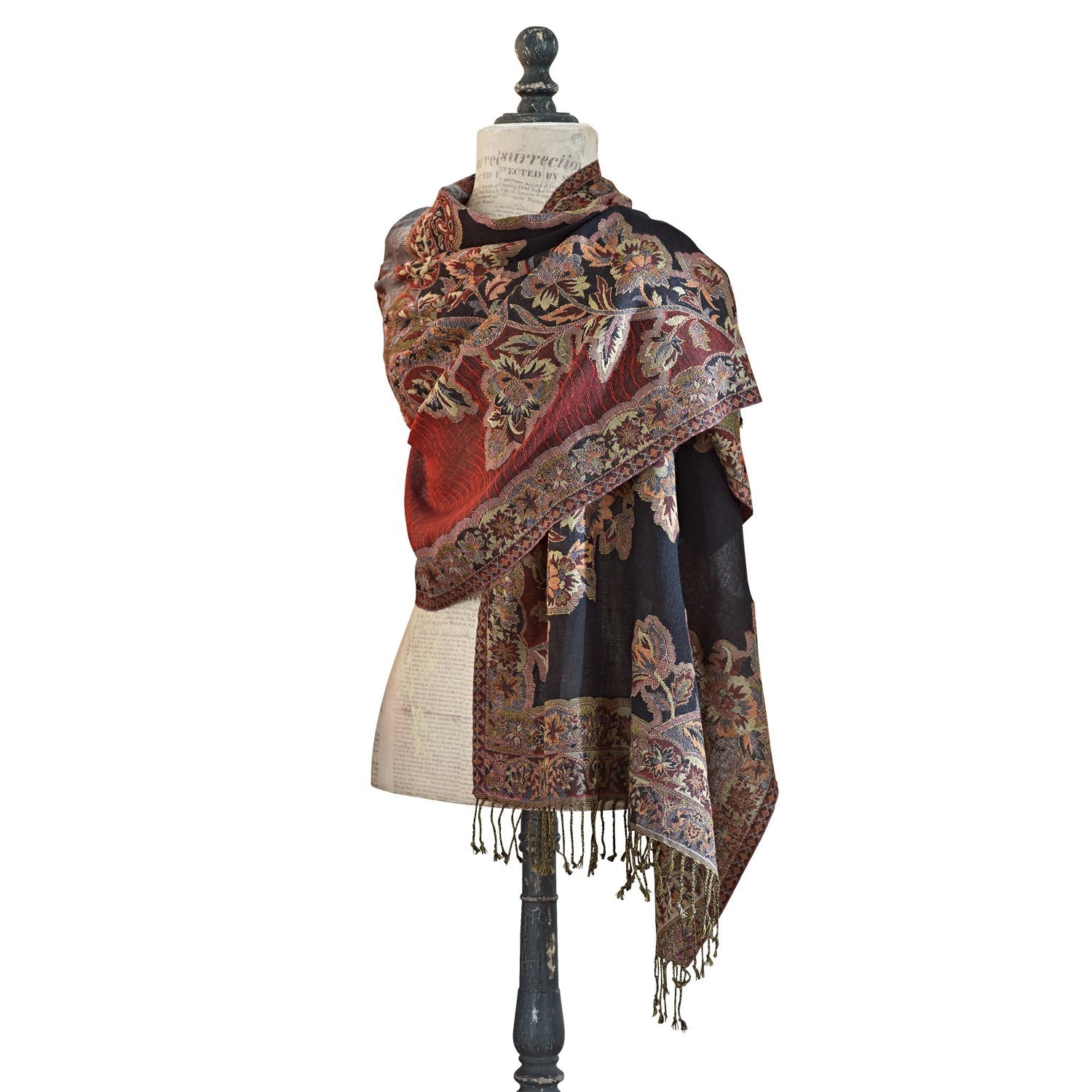 Étole Albon Écharpe chaude à motif floral rouge et noir avec franges, tissu doux et décoratif pour l'hiver