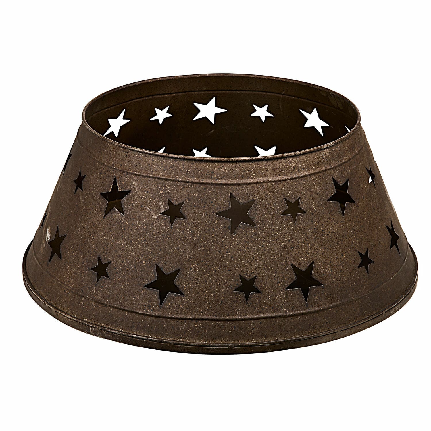 Kerstboompot Ysabelle Bruine metalen ring met uitgesneden sterren, feestelijke en sfeerverlichting