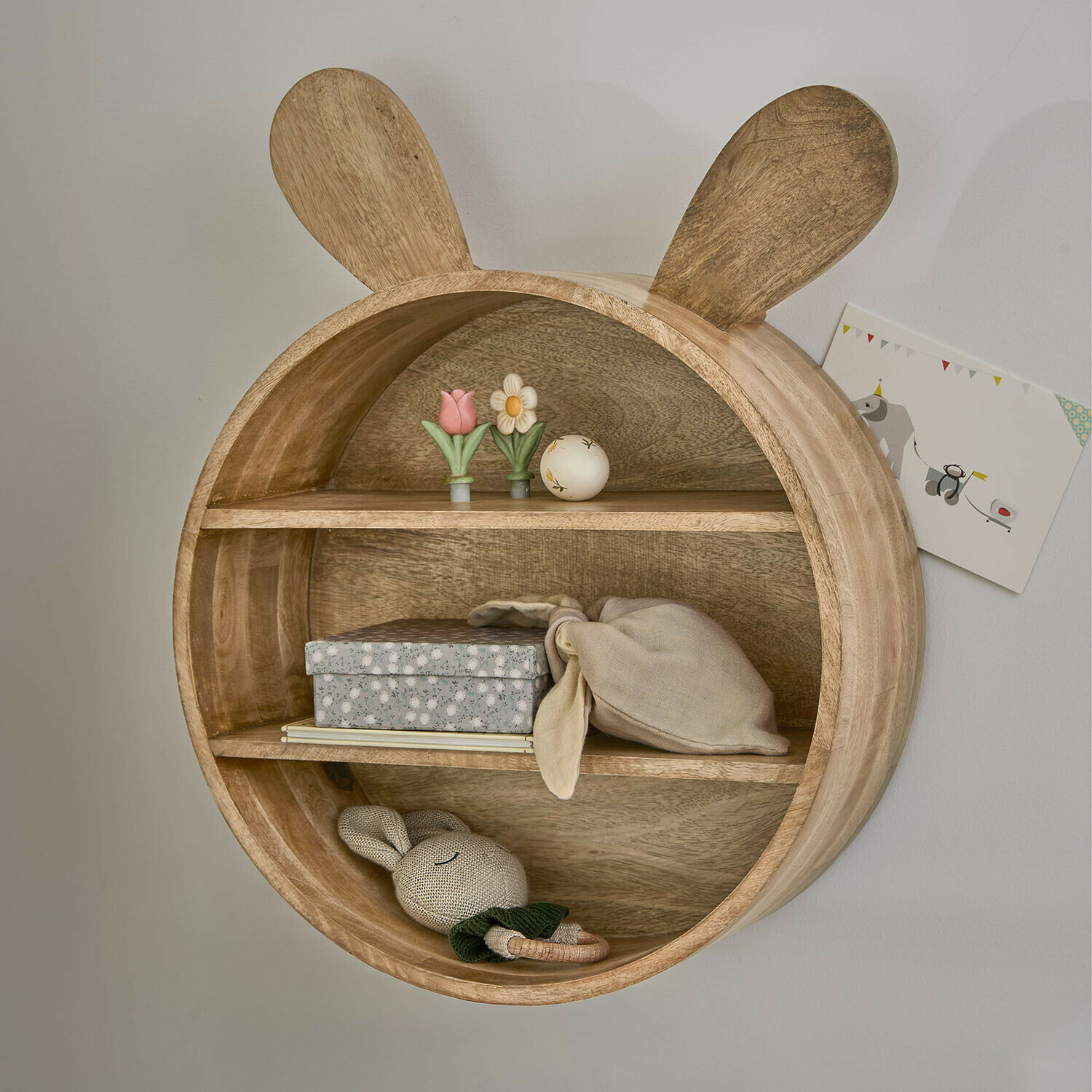 Étagère murale pour enfants Papillonette Étagère murale ronde en bois naturel avec oreilles de lapin, rangement décoratif pour chambre d'enfant