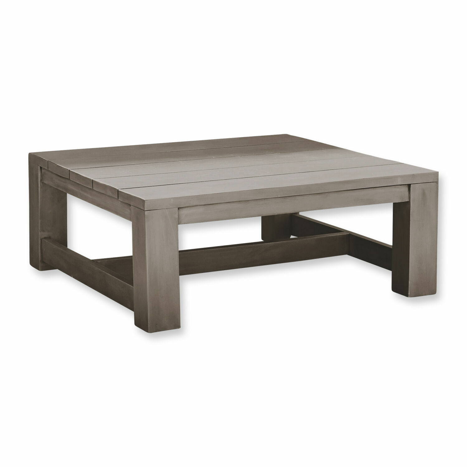 Table basse carrée en bois gris, design simple pour salon ou terrasse extérieure