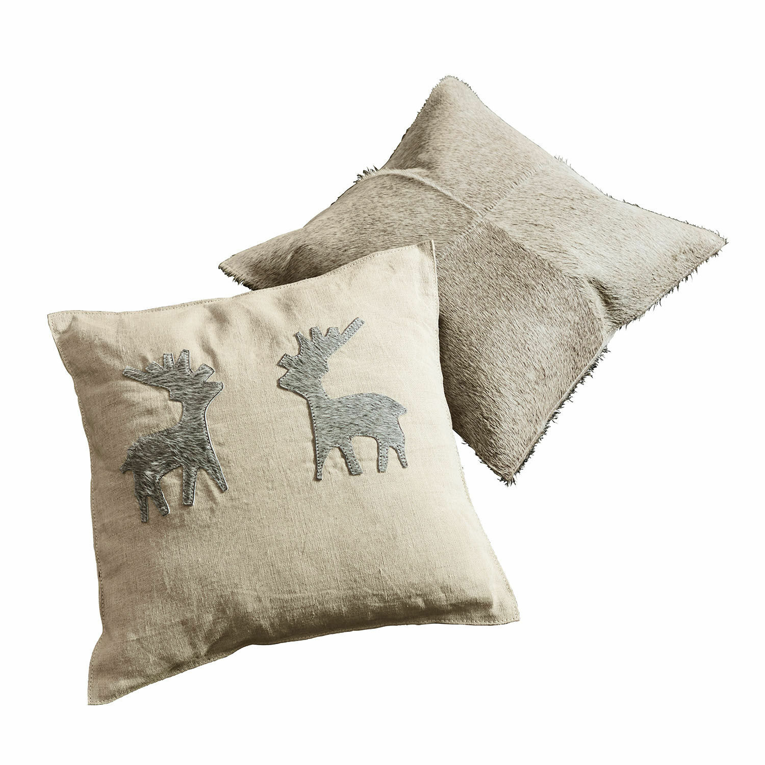 Lot de 2 housses de coussins Beaupuy Coussin beige en lin avec motifs cerfs gris et coussin en fourrure synthétique gris clair