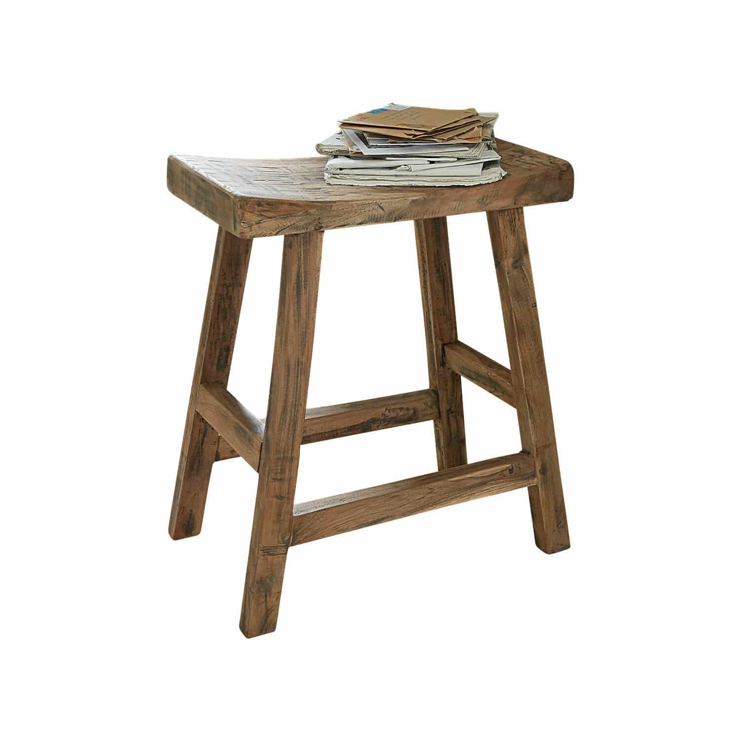 Tabouret Nael Tabouret en bois naturel marron avec des journaux sur le dessus, meuble rustique pour intérieur
