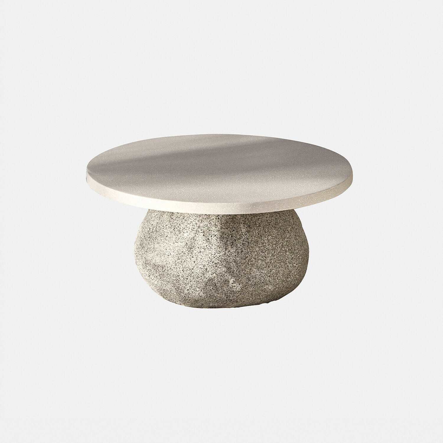 Table basse Orivana en pierre grise et beige avec plateau rond et base massive