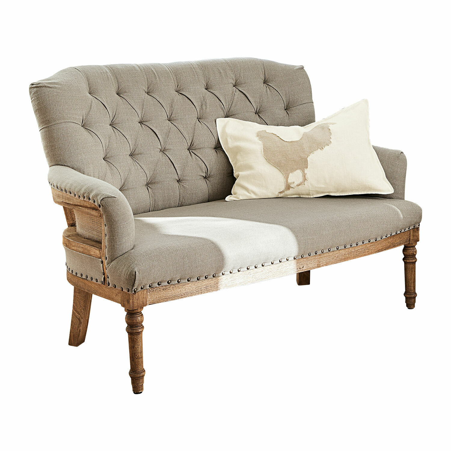 Bank Kingsley Beige stoffen bank met houten frame en decoratief kussen met kippenmotief