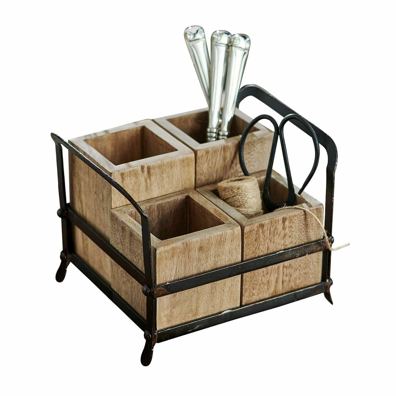 Organizer Postes Houten organizer met zwart metalen frame en vier vakken voor het opbergen van accessoires