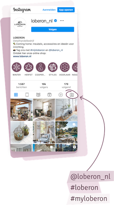 Screenshot van Instagram-profiel loberon_nl met categorieën en foto's van interieurinrichting