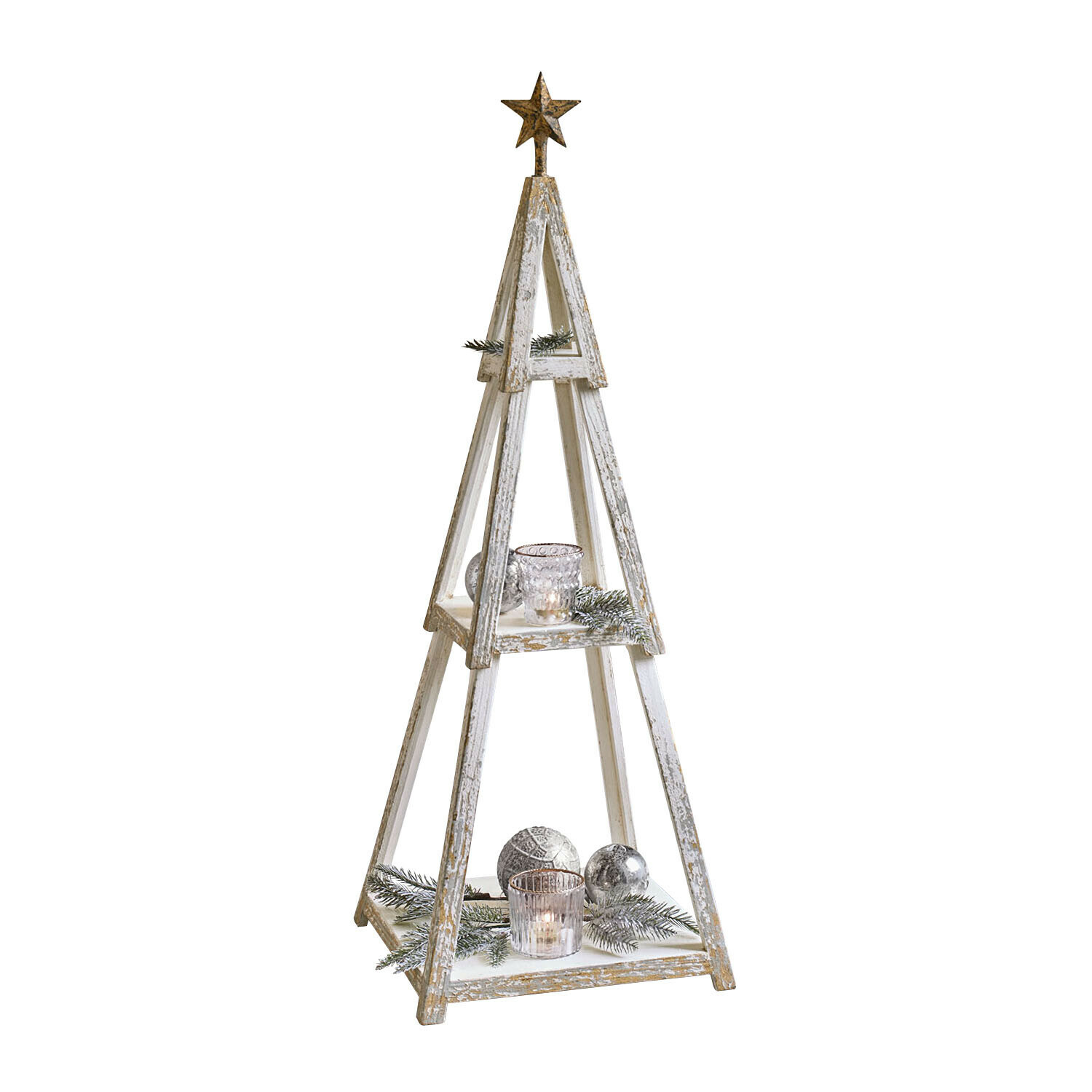 Decoratieve boom Myrnara Witte houten kerstdecoratie in boomvorm met verouderde look en gouden ster bovenop