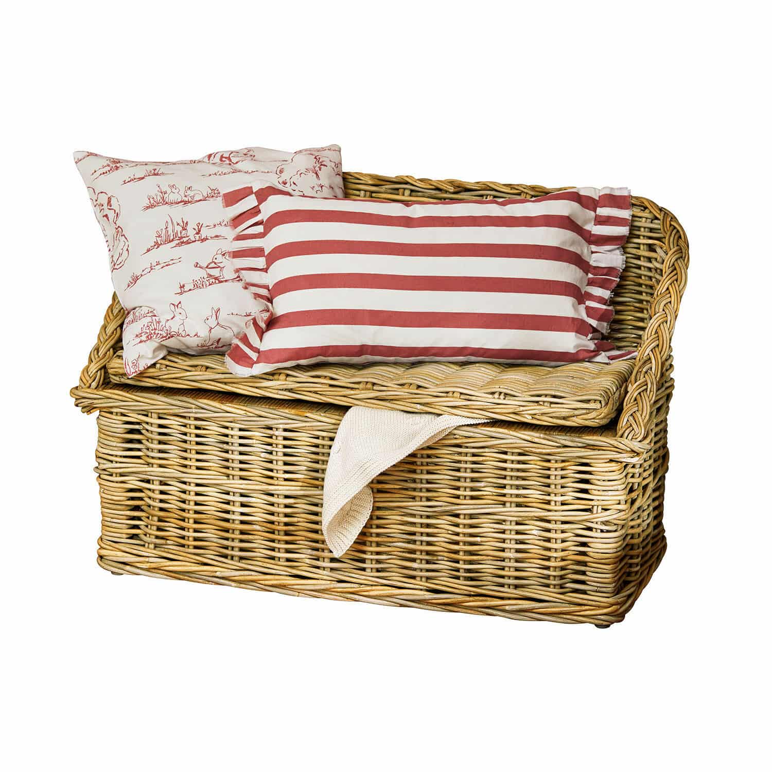 Banc coffre Fableton Banc en rotin avec coussins rayés rouges et motifs, rangement naturel en osier pour intérieur