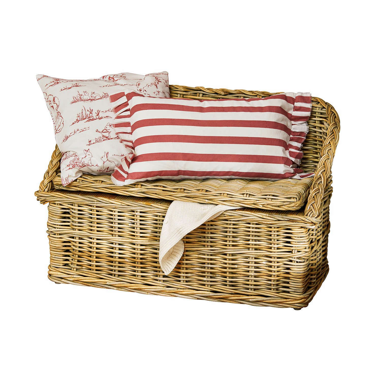 Banc coffre Fableton Banc en rotin avec coussins rayés rouges et motifs, rangement naturel en osier pour intérieur
