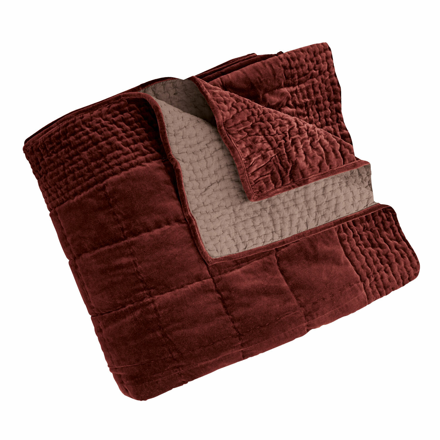 Courtepointe Arasta Plaid réversible matelassé bordeaux et beige en tissu doux pour salon confortable