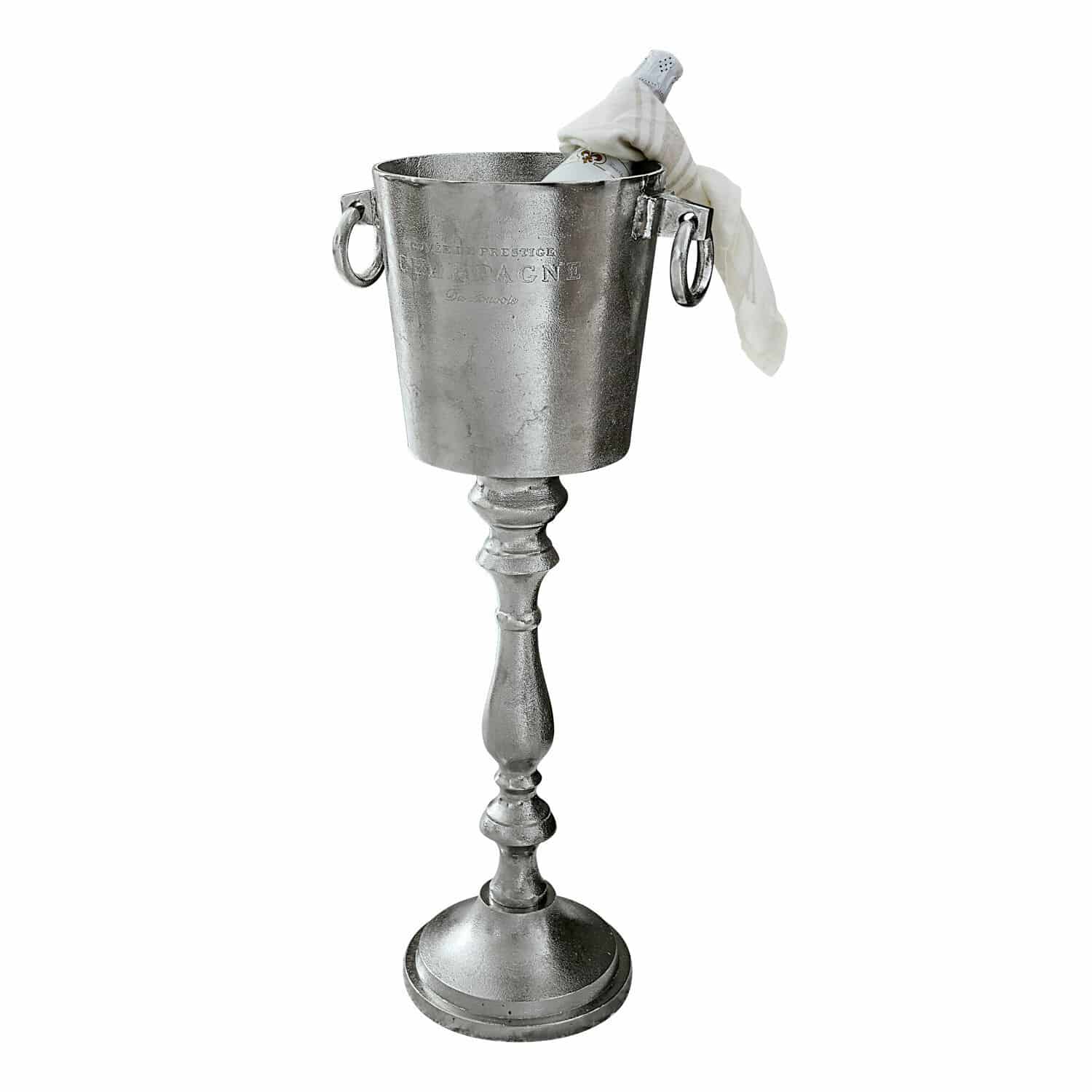 Champagnekoeler Danville Zilverkleurige metalen ijsemmer op standaard met handvatten en champagnefles, elegant serveeraccessoire