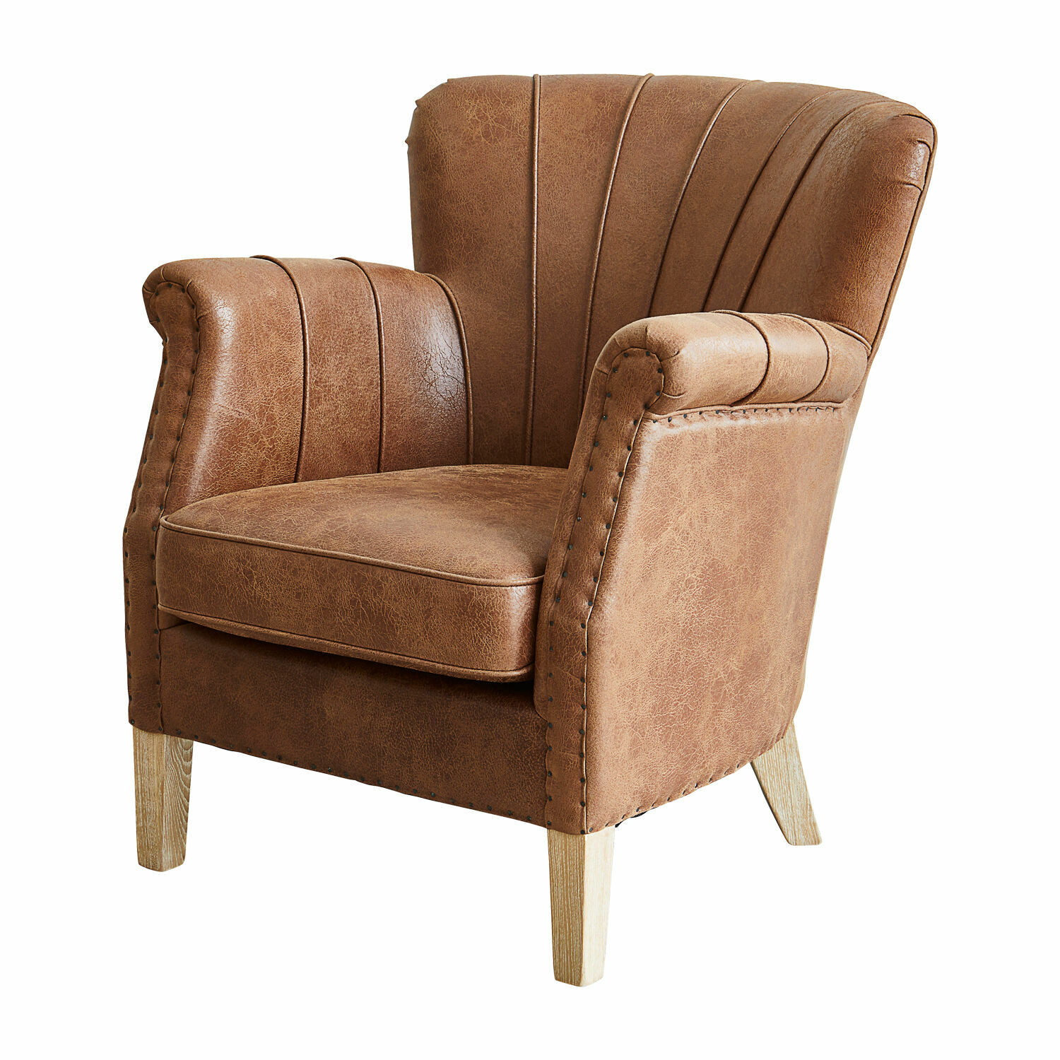 Fauteuil Bartley Fauteuil marron en similicuir avec pieds en bois clair, siège confortable pour salon moderne