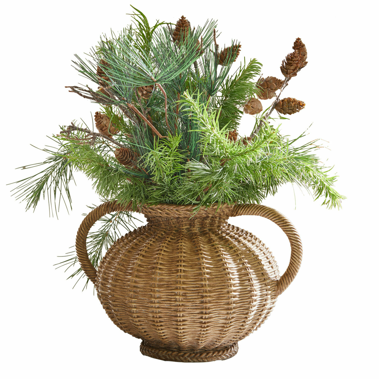 Vaas Kaelvik Decoratieve rieten vaas met handvatten gevuld met groene takken en dennenappels, natuurlijke decoratie