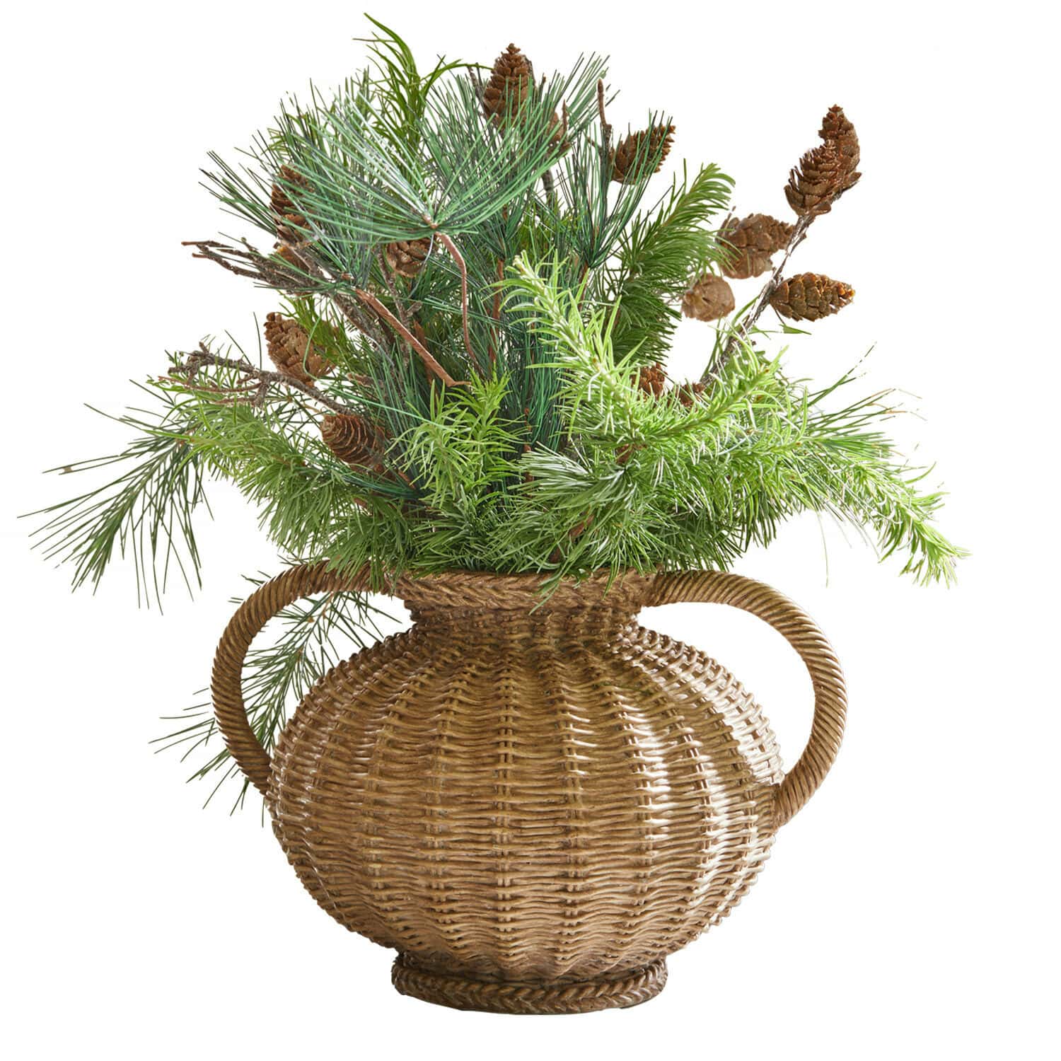 Vaas Kaelvik Decoratieve rieten vaas met handvatten gevuld met groene takken en dennenappels, natuurlijke decoratie