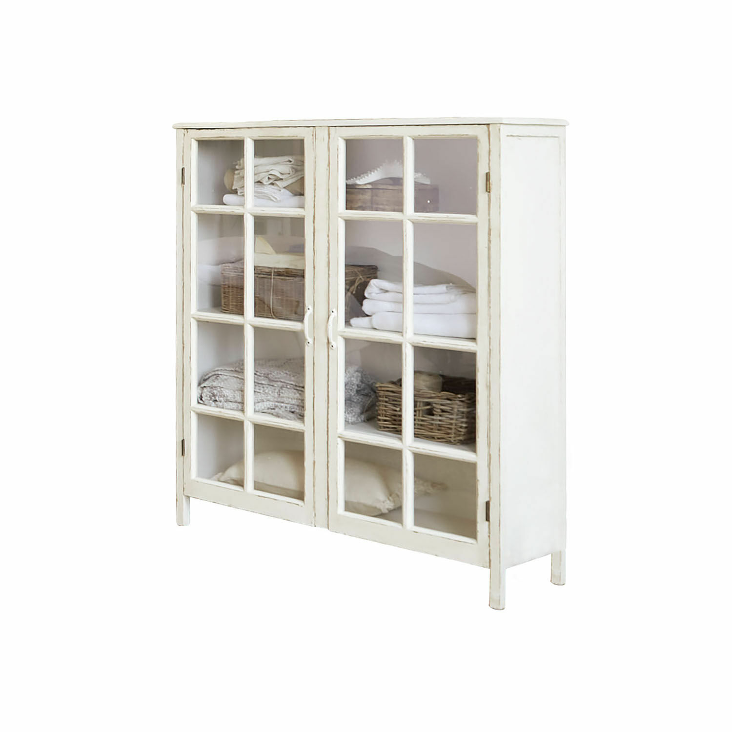 Sherman houten kast in antiek wit met glazen deuren en planken voor textiel