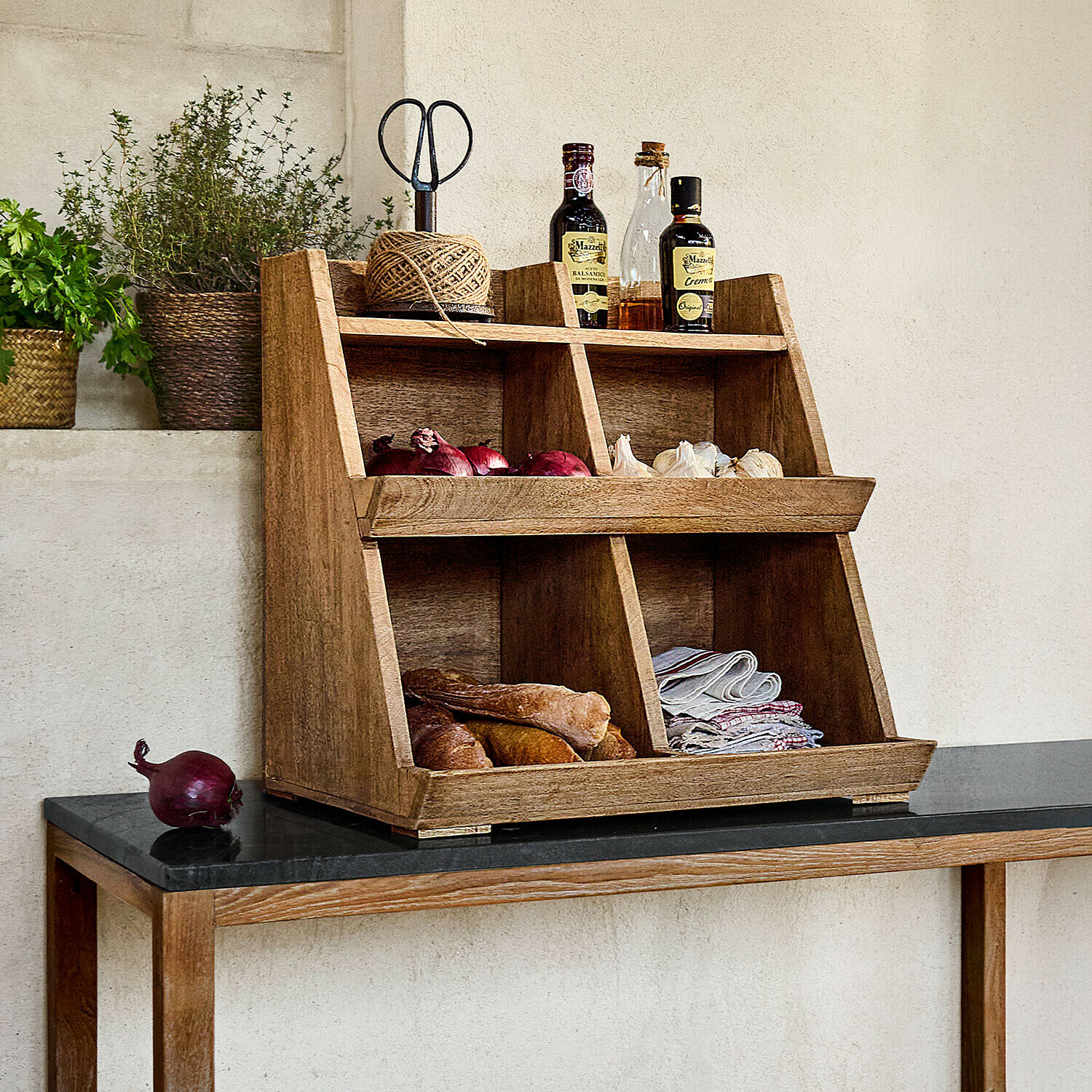 Rangement Sémone Organisateur de cuisine en bois naturel avec compartiments pour épices, pain et textiles, couleur bois clair