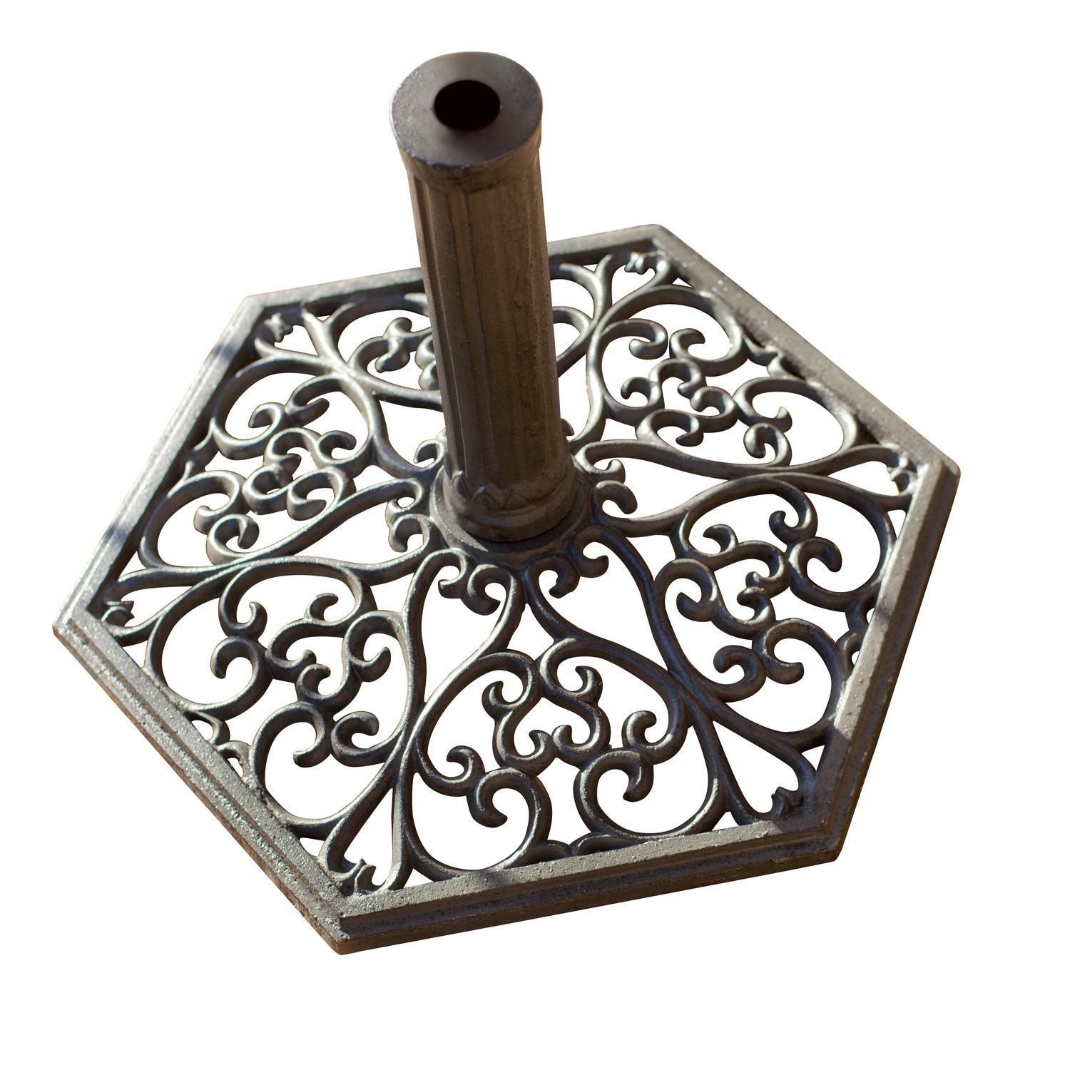 Pied de parasol Montant Base de parasol en métal gris avec motif ajouré décoratif et forme hexagonale
