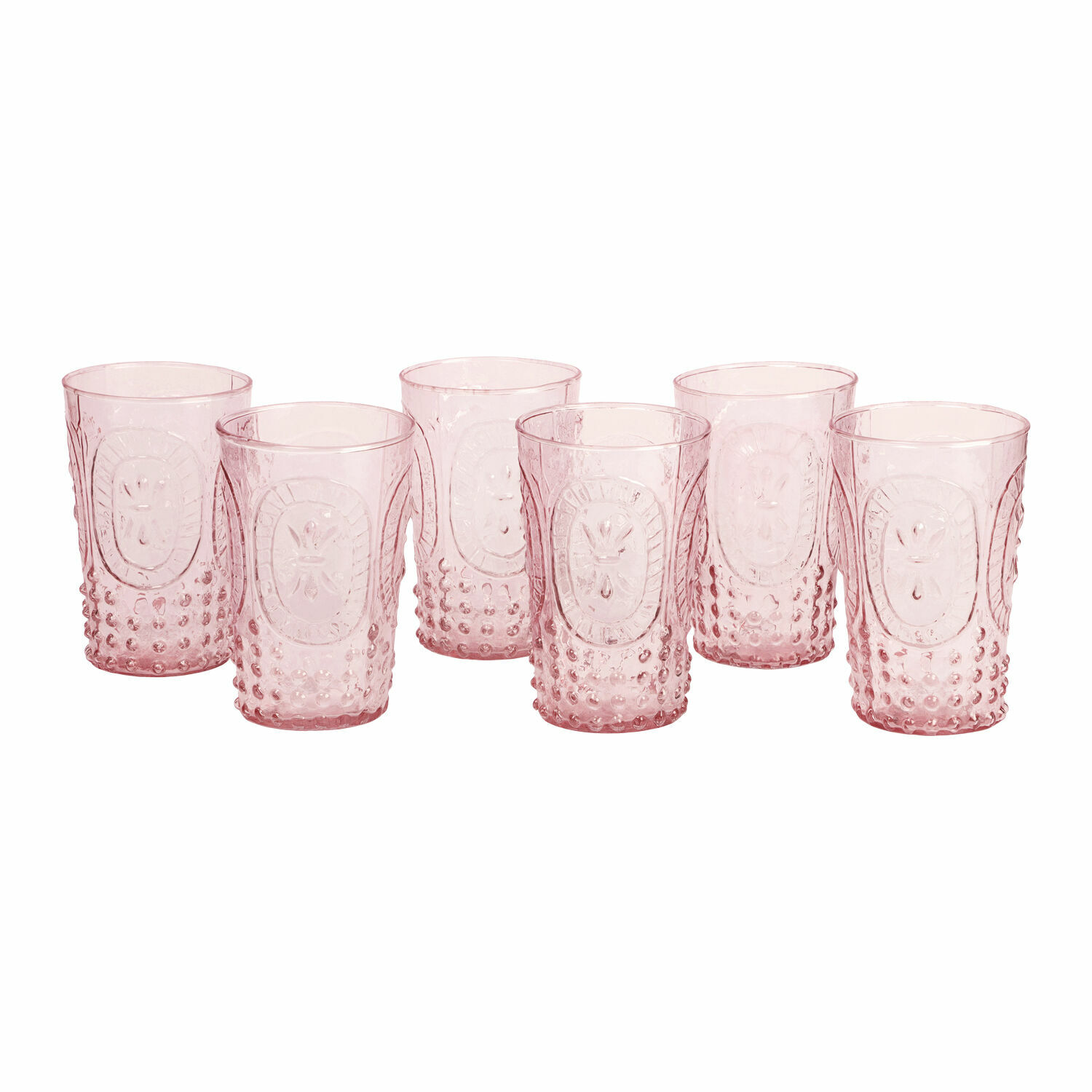 Lot de 6 verres Fleury Ensemble de six verres roses en verre transparent avec motif décoratif pour boissons