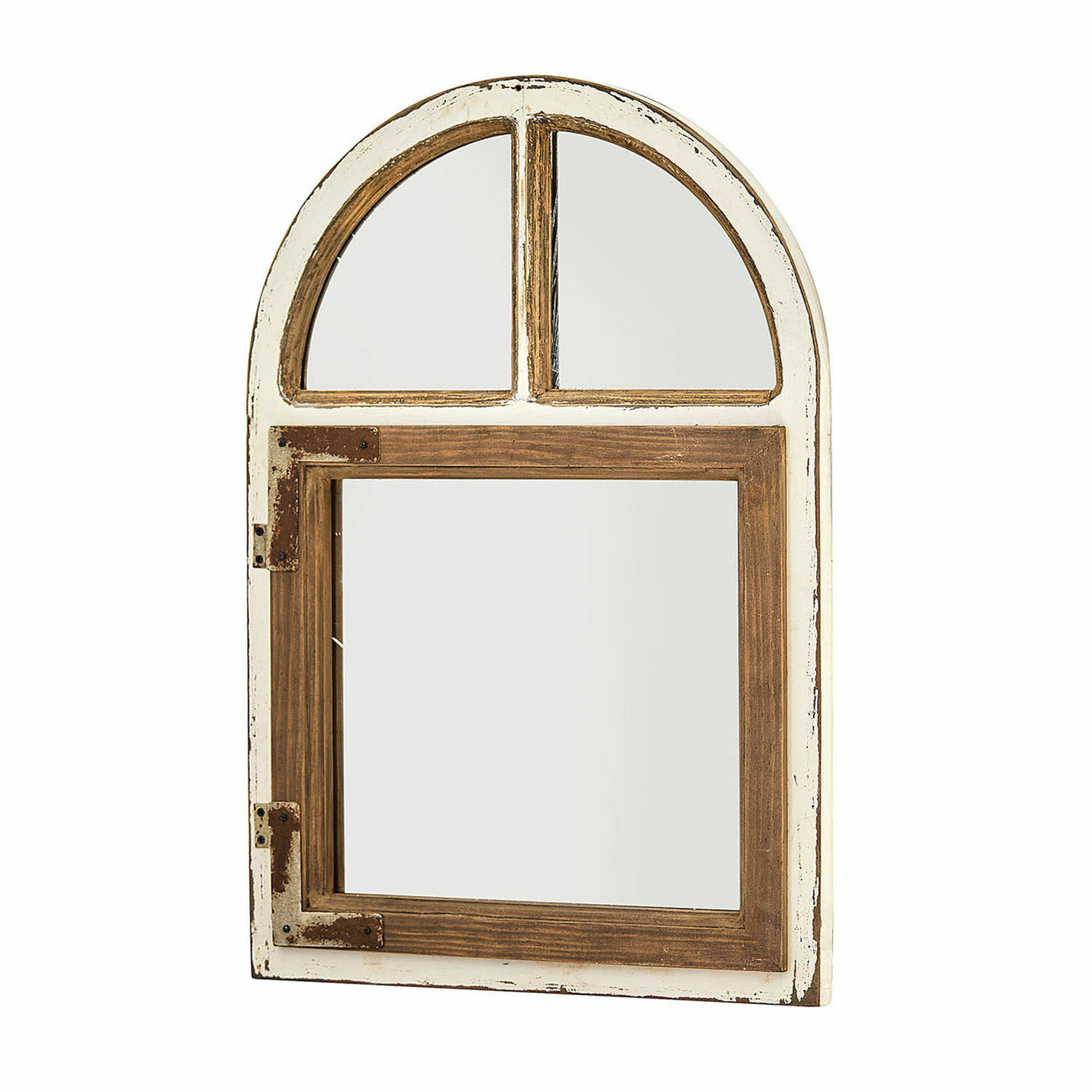 Spiegel Zilvento Wandspiegel van wit en bruin hout in raamvorm, vintage woondecoratie