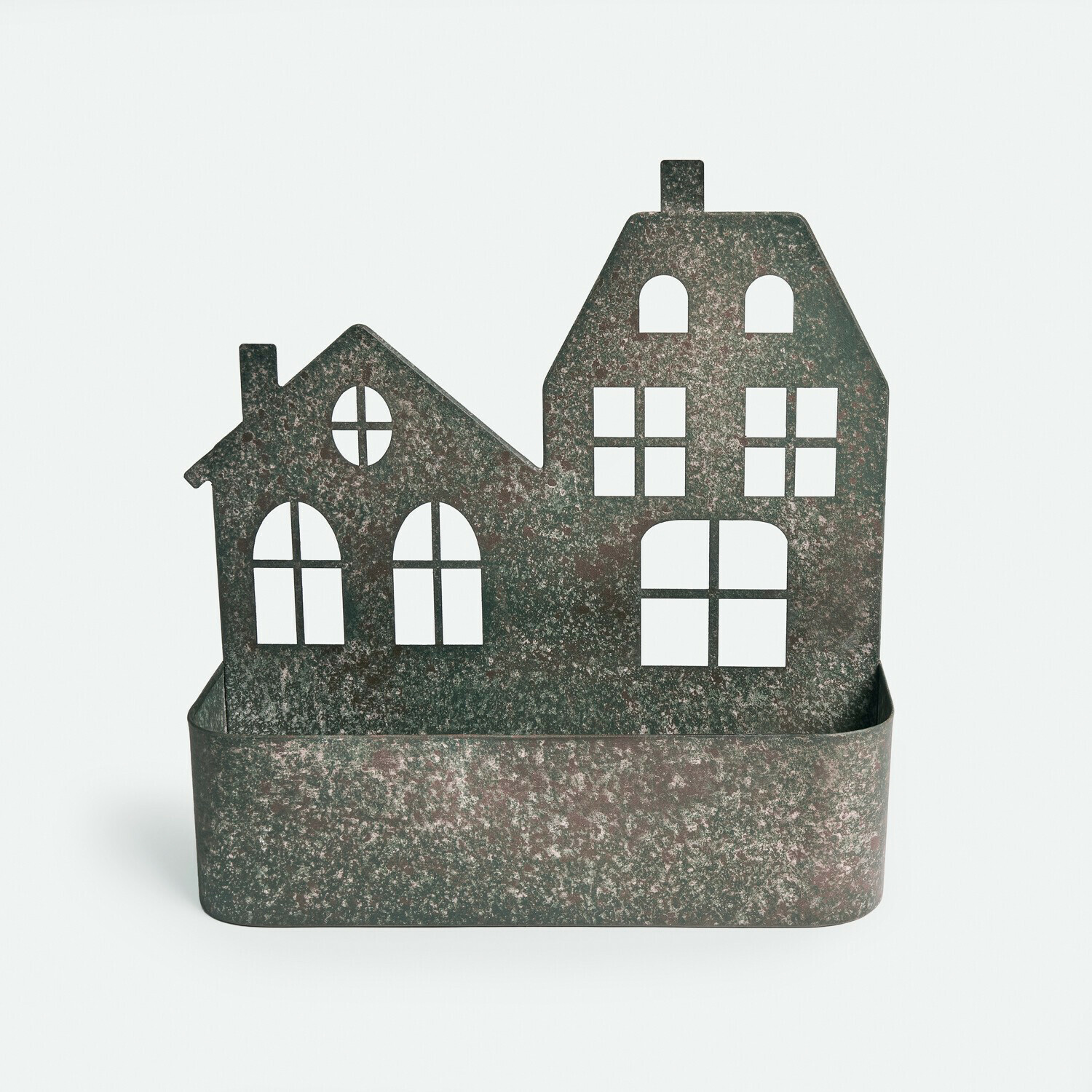 Cache-pot en fer Barnabies Décoration en métal en forme de maisons avec fenêtres, finition vieillie vert-brun