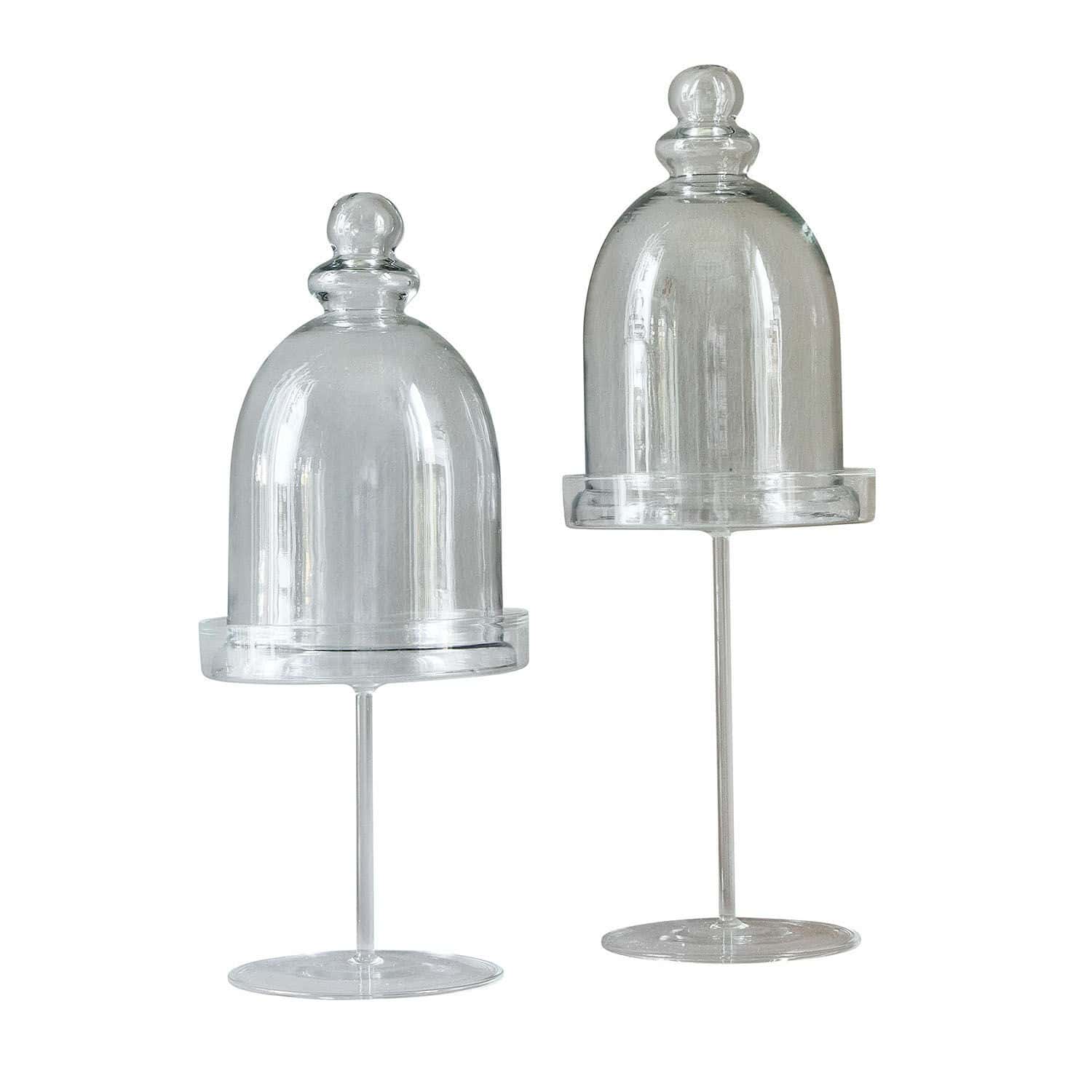 Lot de 2 cloches en verre Hibous Deux cloches en verre transparent sur pied pour décoration intérieure, design minimaliste