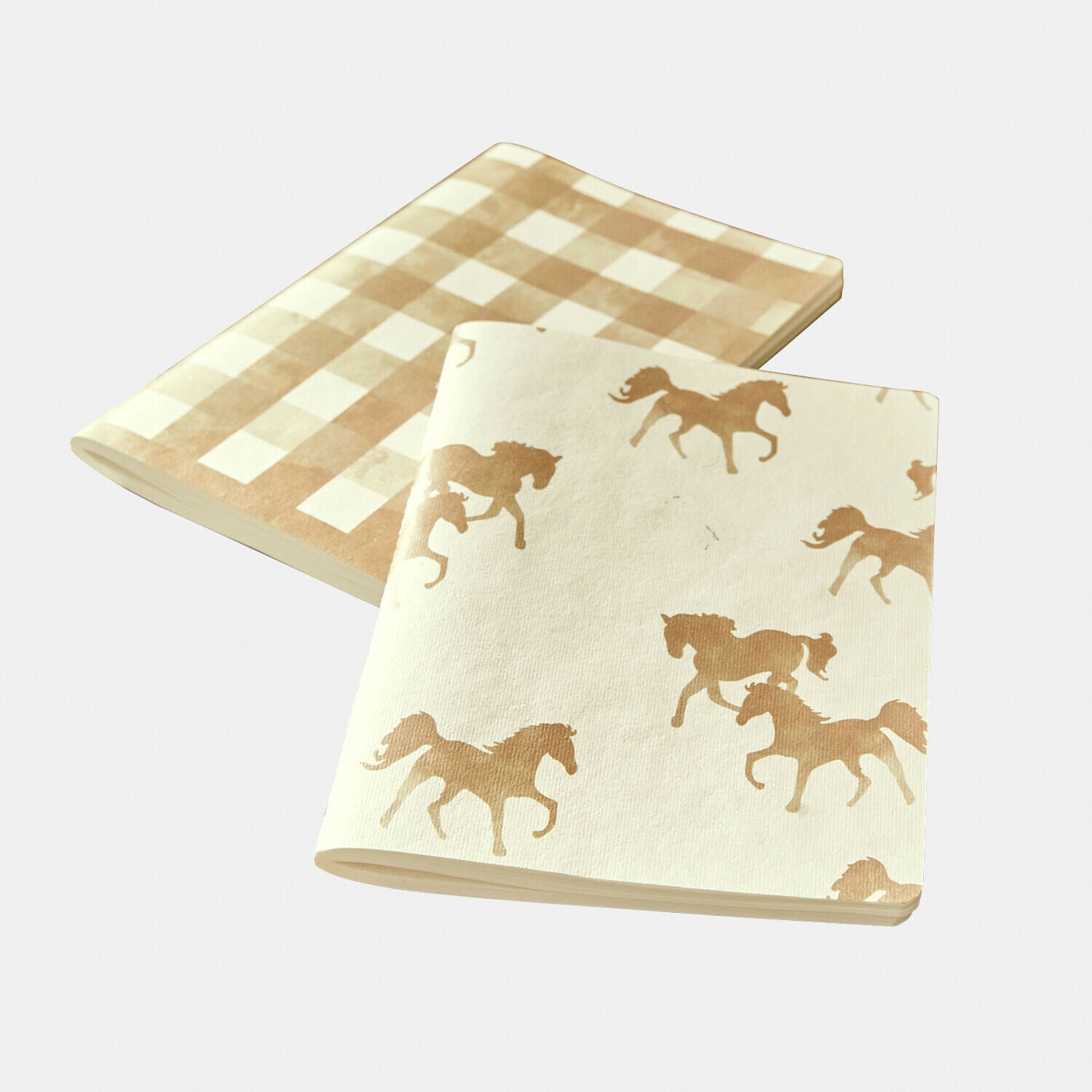 Lot de deux torchons en coton beige avec motifs chevaux et carreaux pour cuisine