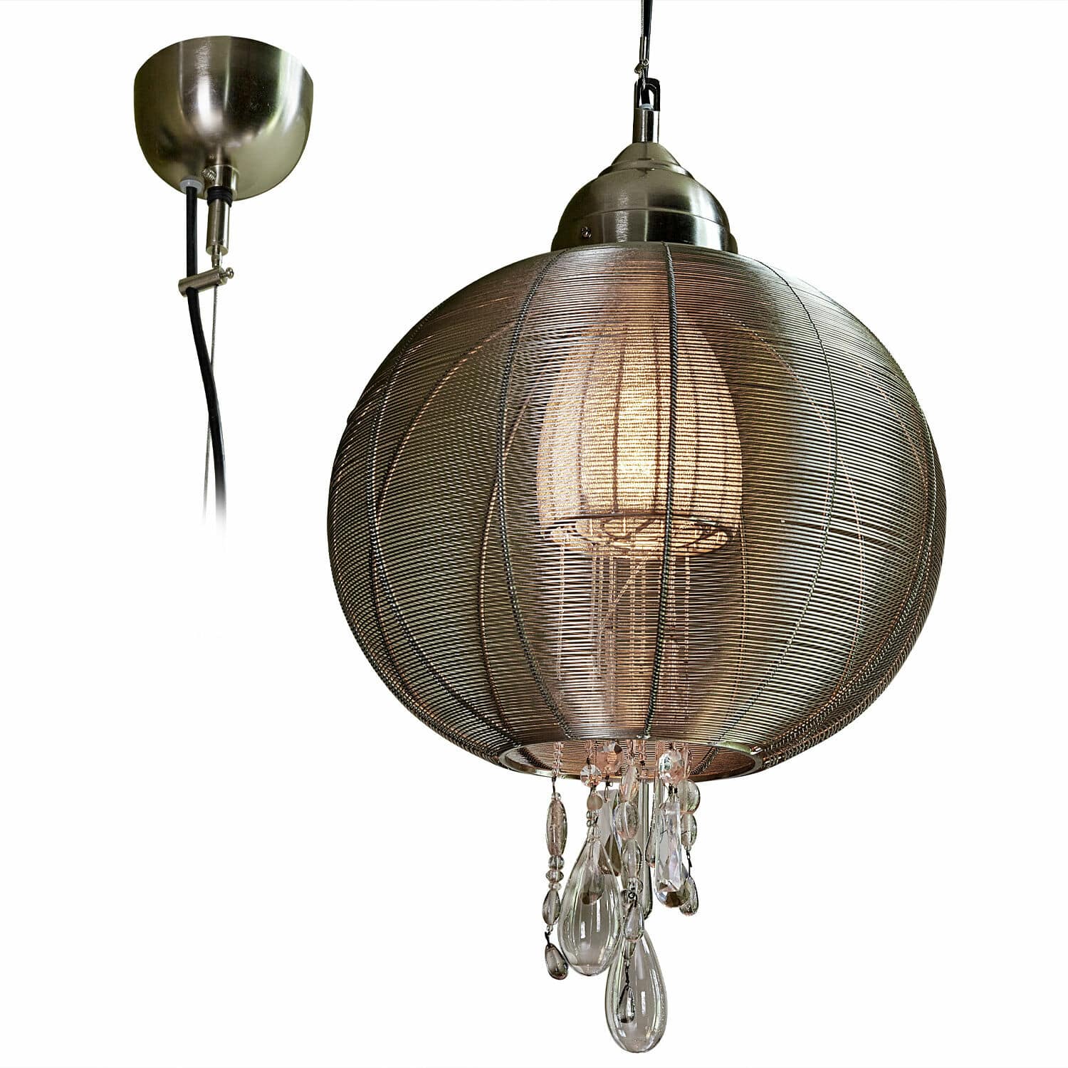 Suspension Sunbrook Suspension en métal argenté avec abat-jour en maille et cristaux en verre, éclairage moderne