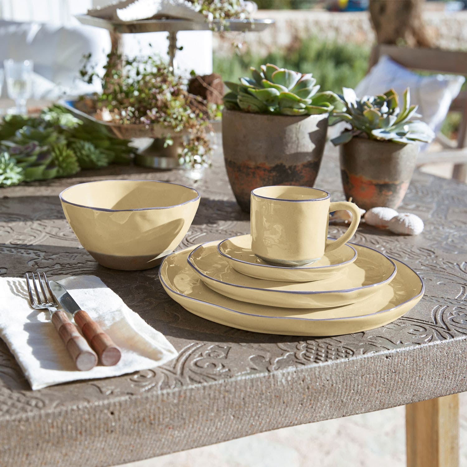 Service de vaisselle en céramique crème avec bord bleu sur une table rustique décorée de plantes succulentes