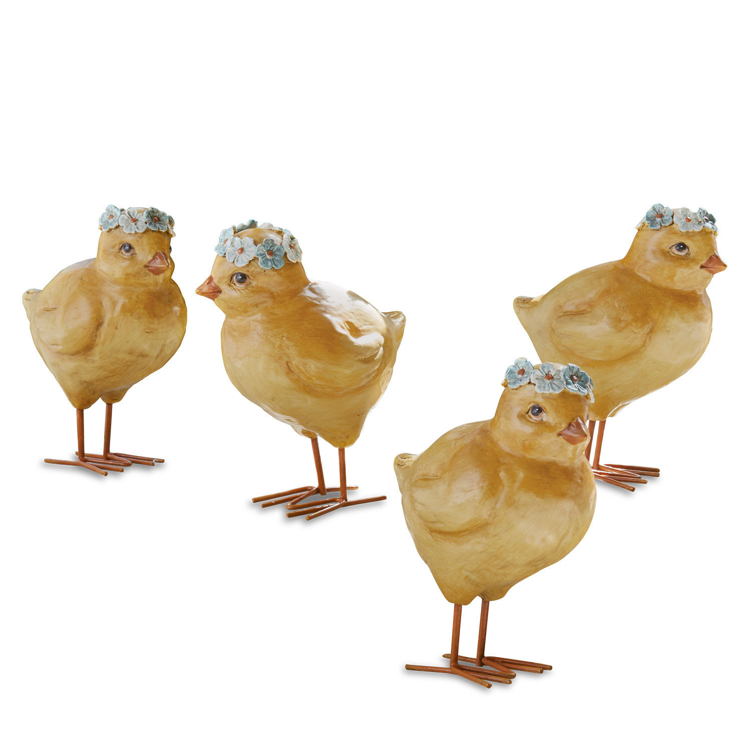 Quatre figurines décoratives de poussins jaunes en matériau avec couronnes de fleurs bleues
