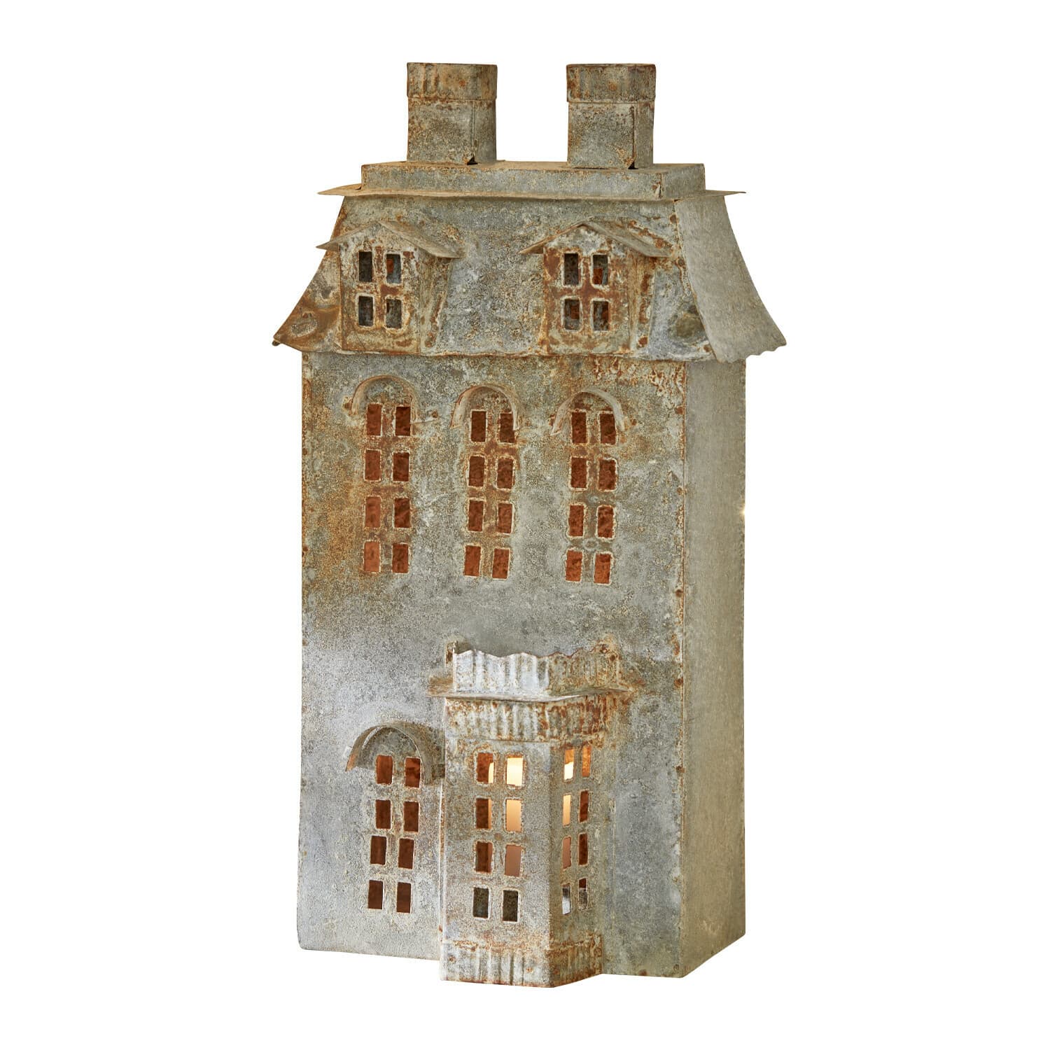 Windlicht Havnsen Metalen decoratie in de vorm van een huis met ramen en twee schoorstenen, verouderd grijs oppervlak