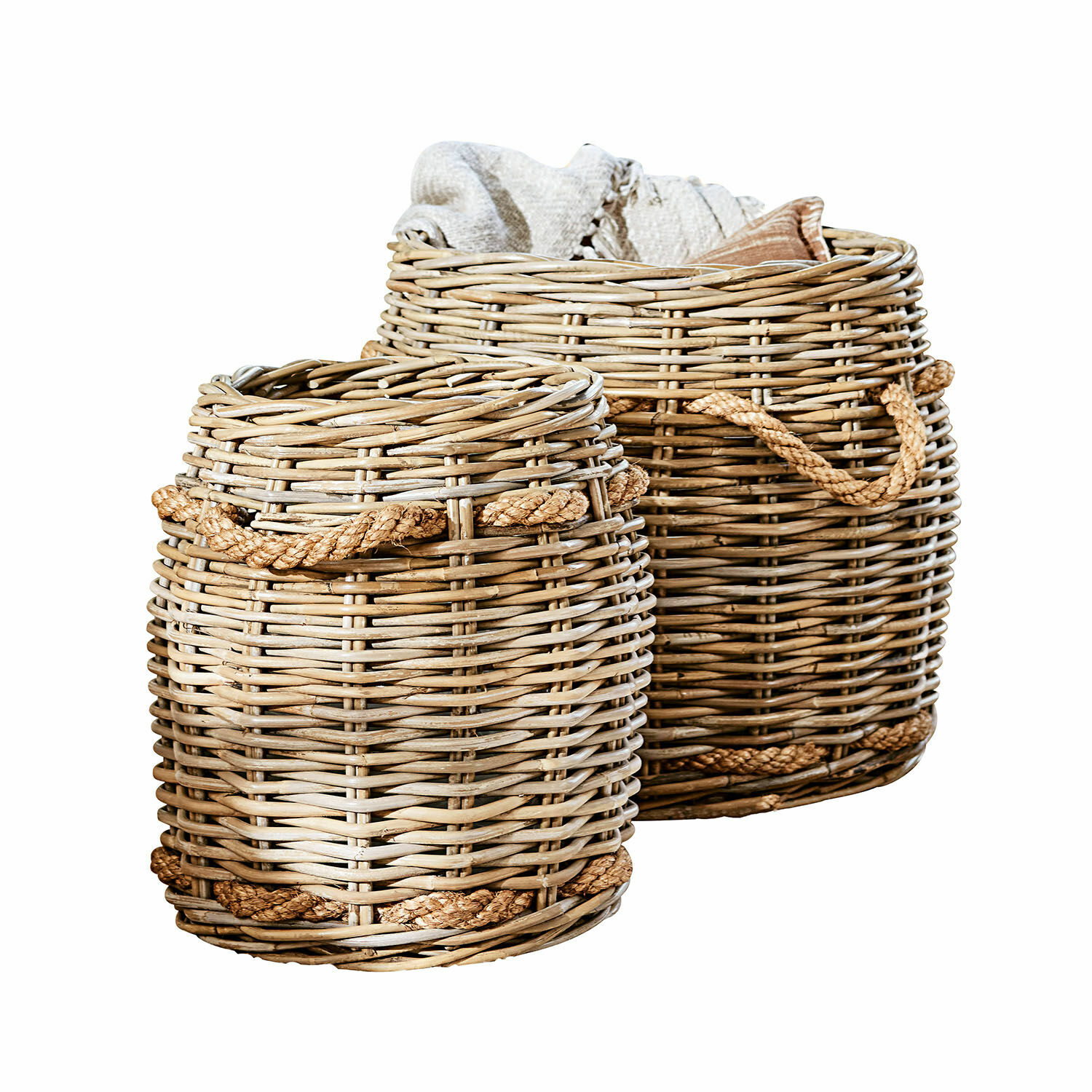 Lot de 2 paniers Tauri Ensemble de deux paniers en osier avec poignées en corde naturelle pour rangement pratique