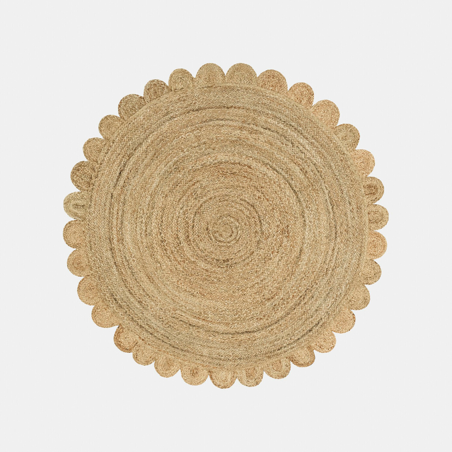 Ronde jute vloerkleed in natuurlijke kleur met decoratieve golvende rand, duurzaam en milieuvriendelijk