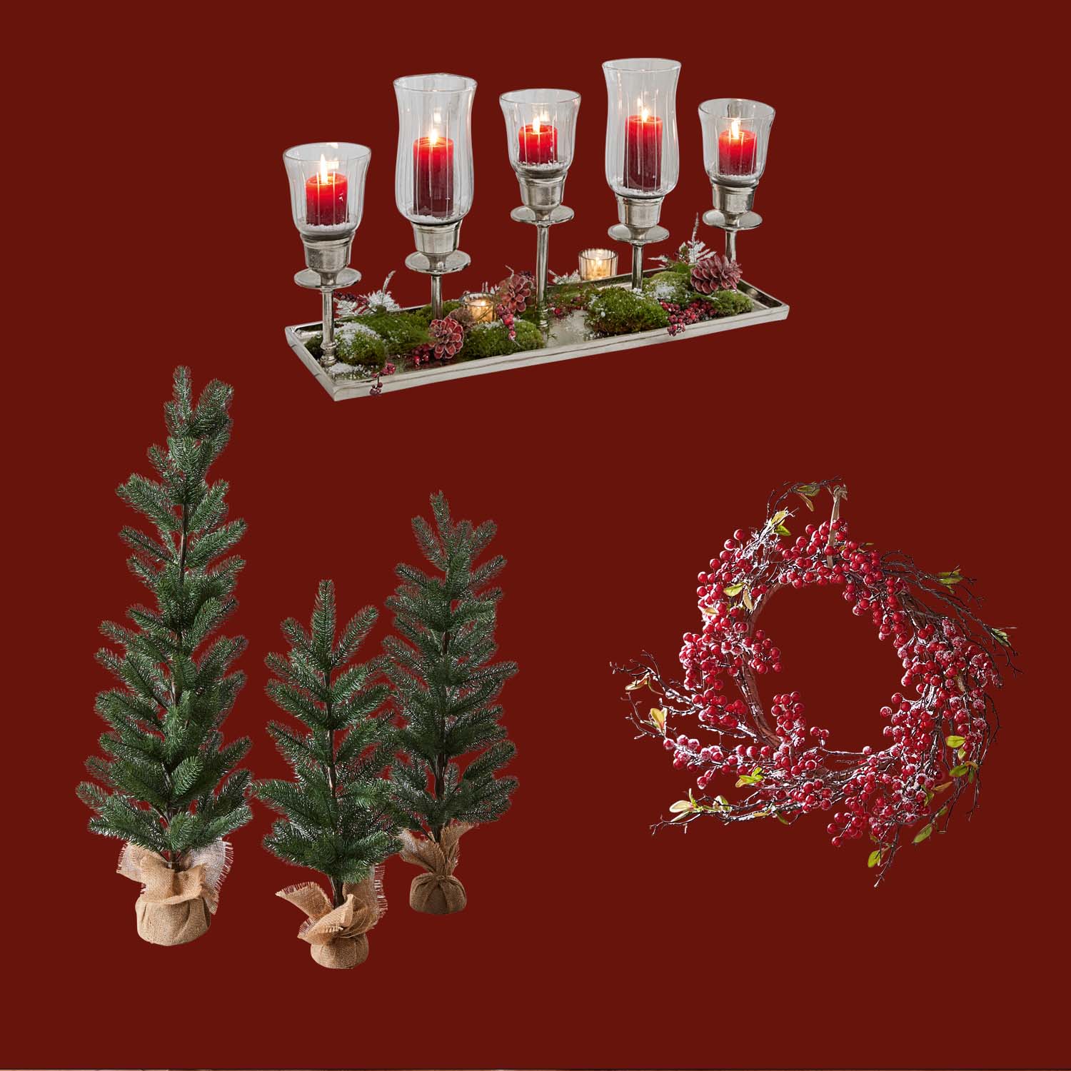 Kerstdecoratieset met rode kaarsen, groene boompjes en krans van rode bessen