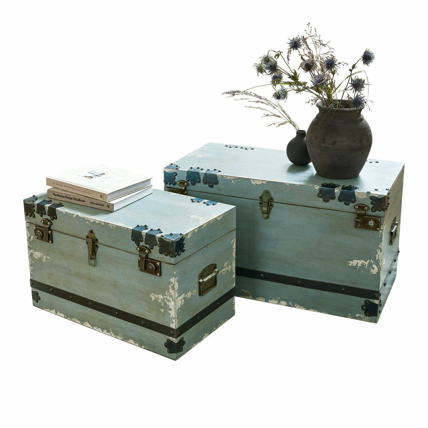 Kist set van 2 Gorman Twee blauwe houten kisten met metalen vintage beslag voor opslag en decoratie