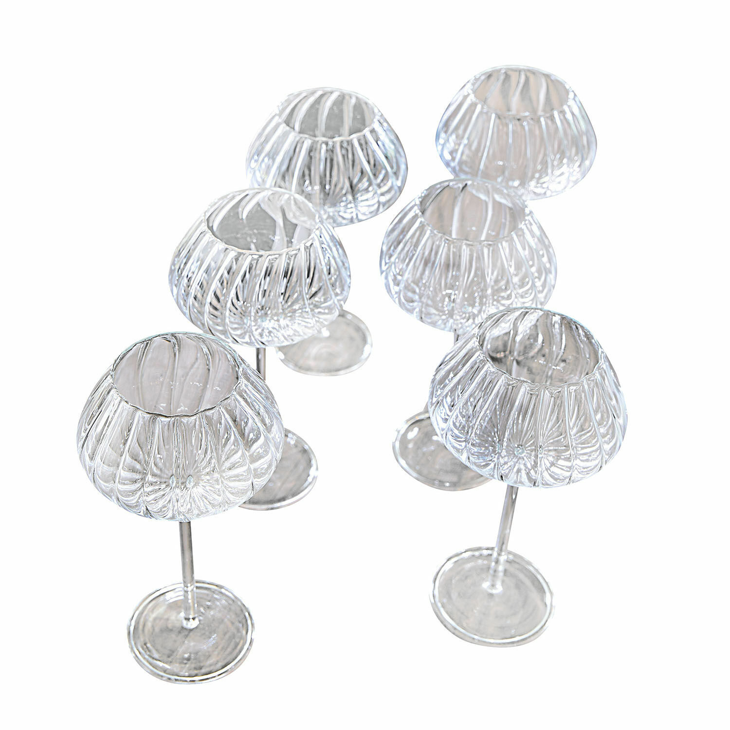 Wijnglas set van 6 Minou Set van zes transparante glazen theelichthouders op voet met decoratief geribbeld patroon