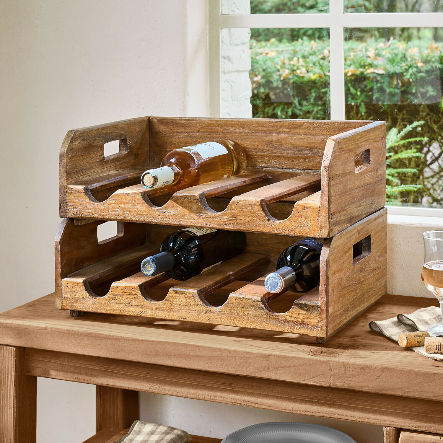 Flessenhouder set van 2 Crestwooden Houten wijnrek in natuurlijke kleur met zes vakken, praktische keukenorganizer voor wijnflessen