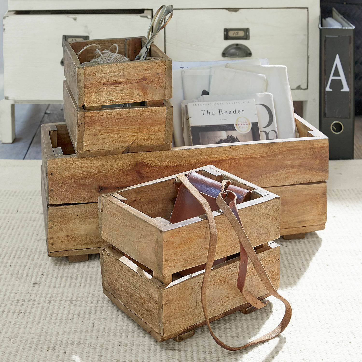 Kist set van 3 Madina Set houten opbergkisten in natuurlijke kleur voor boeken en accessoires in rustieke stijl