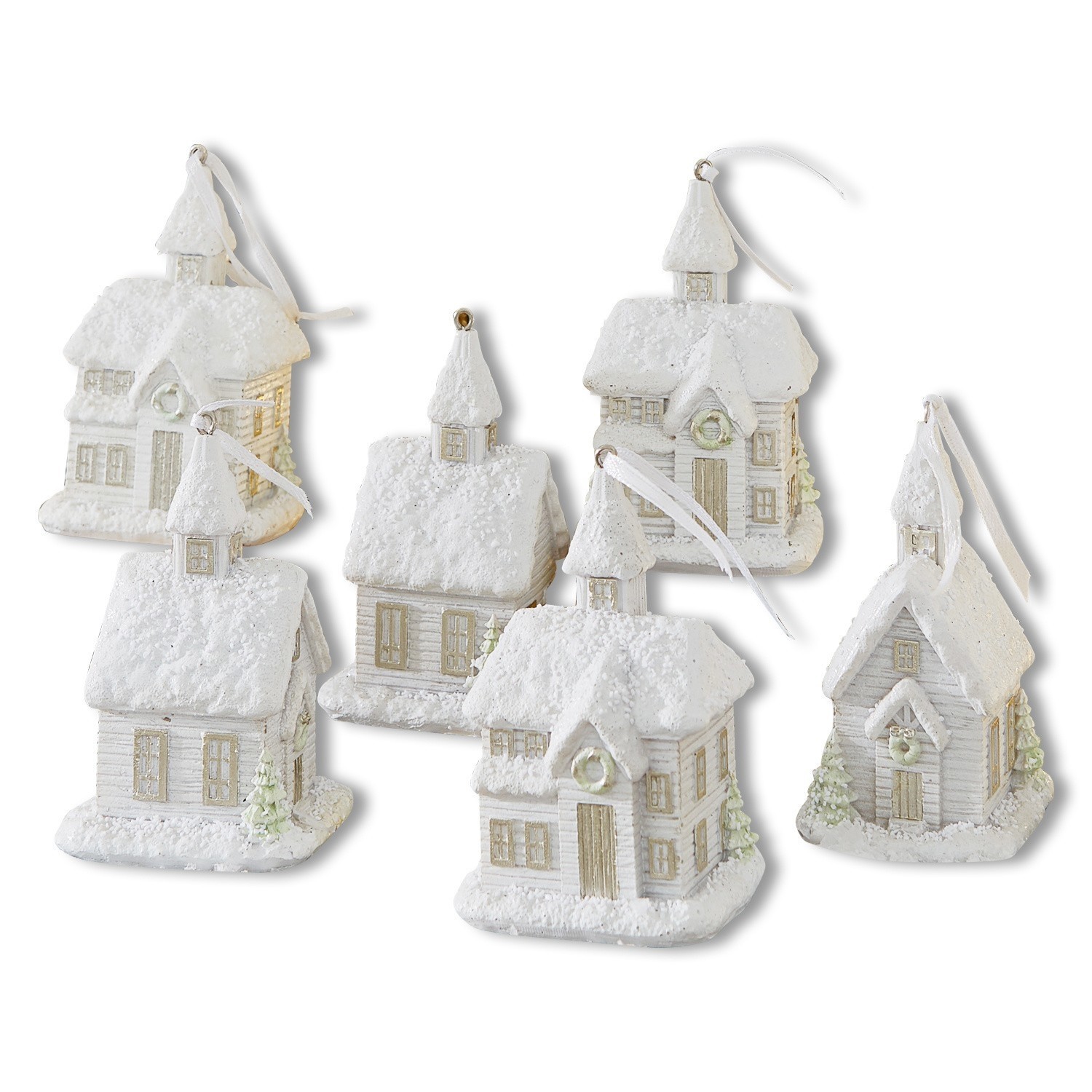 Lot de 6 décorations de Noël Legé Ensemble de six décorations de maison blanches avec effet neige pour suspension de sapin