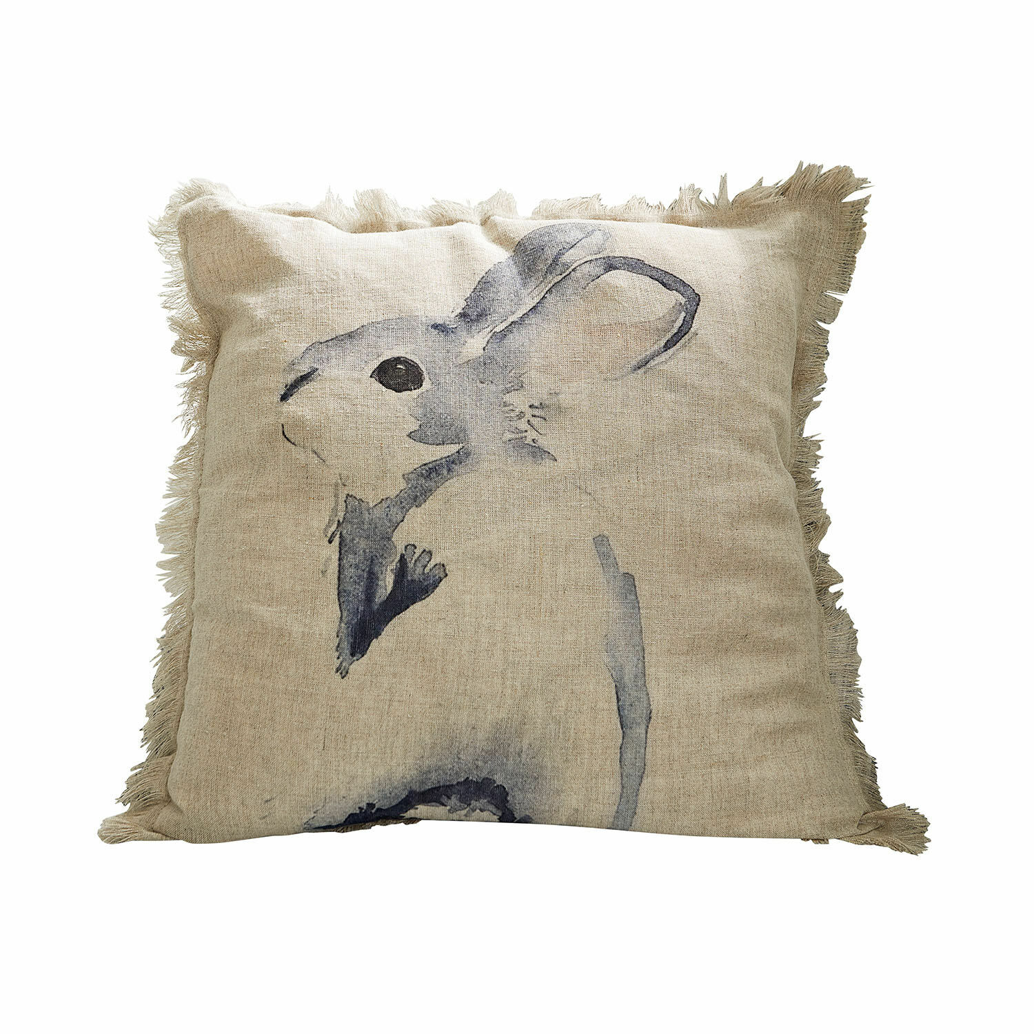 Housse de coussin Riamira Coussin beige en lin avec franges et motif lapin gris pour décoration intérieure