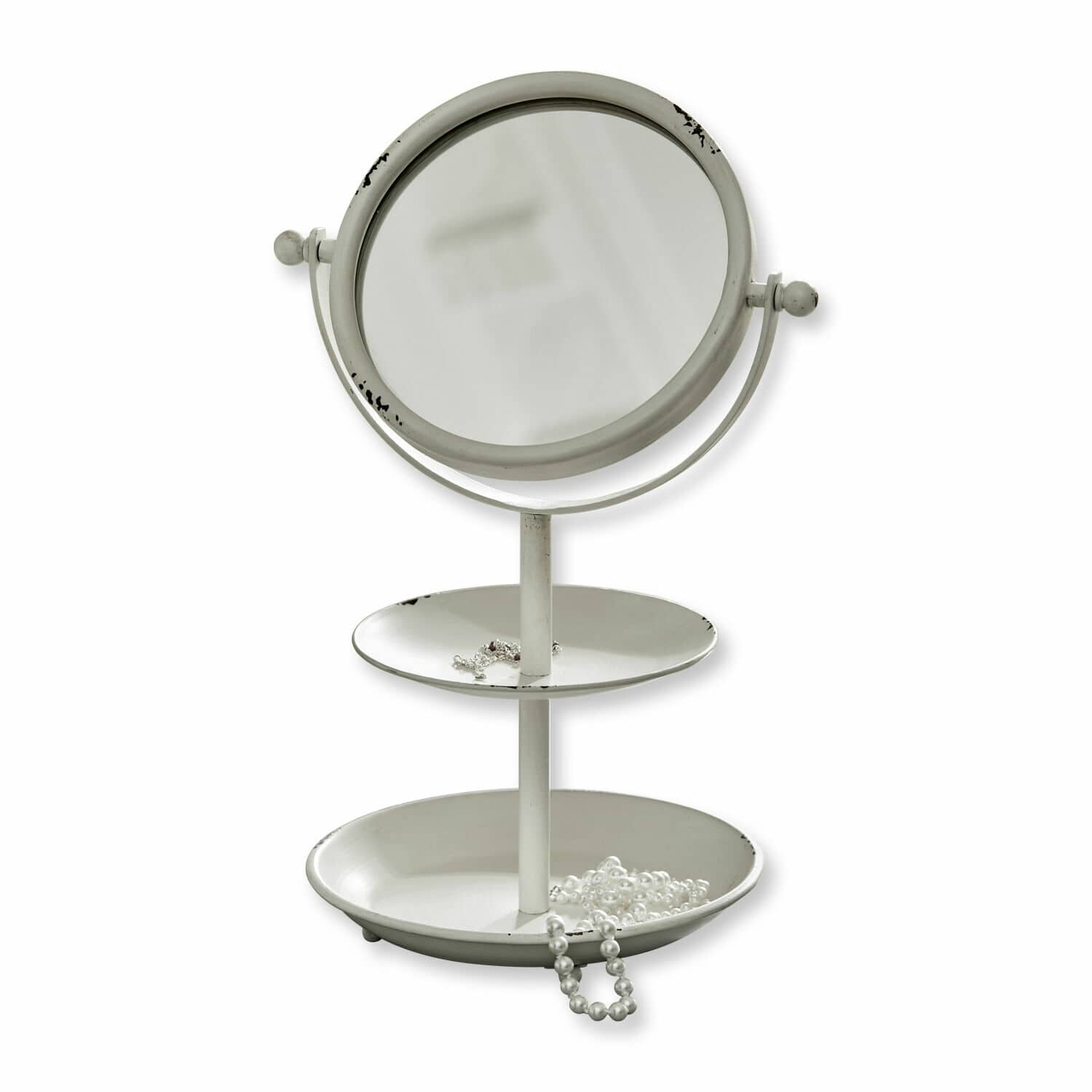 Miroir de maquillage Elsa Miroir de table en métal blanc avec deux plateaux pour bijoux style vintage