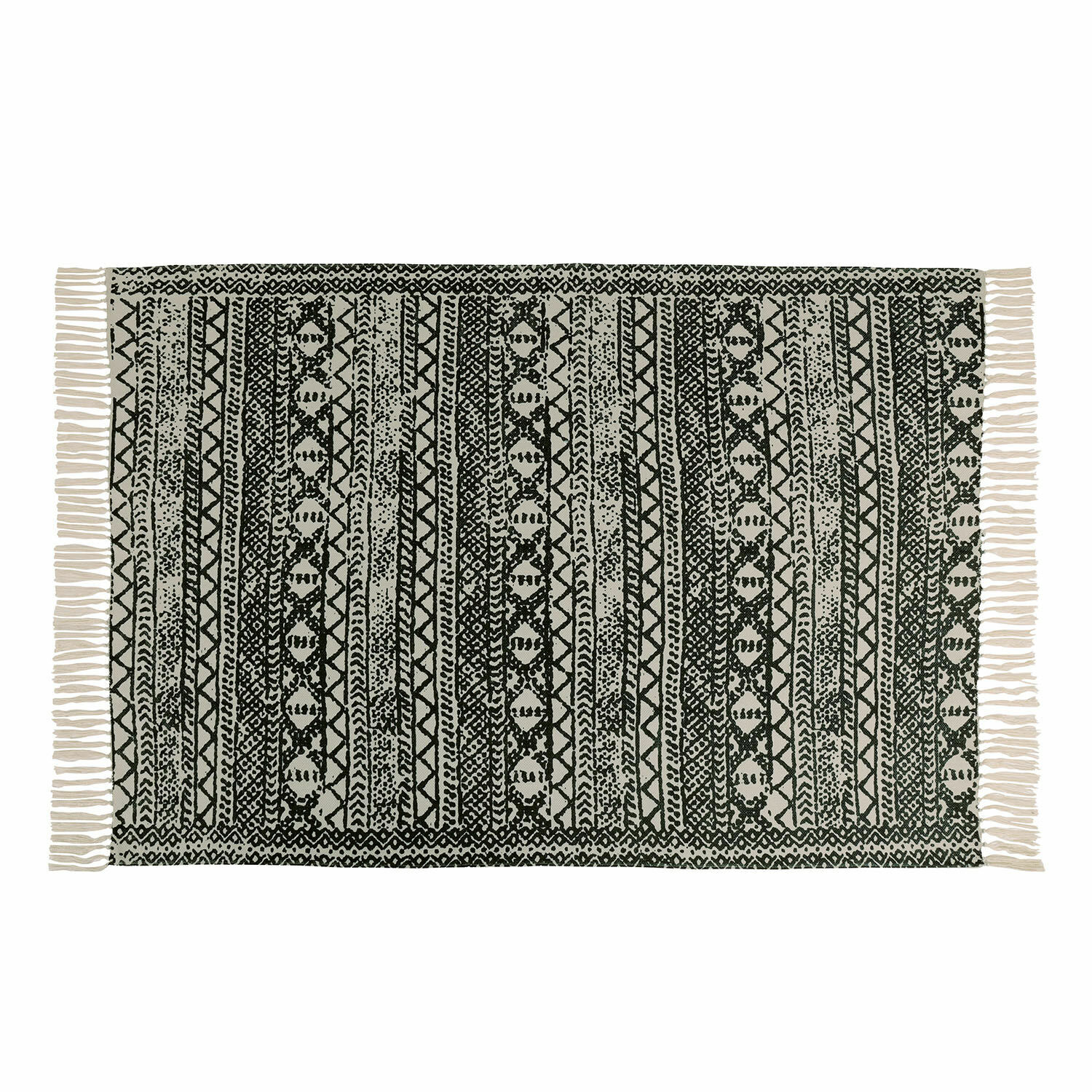 Zwart-witte katoenen vloerkleed met geometrisch patroon en franjes, etnisch interieurdecor