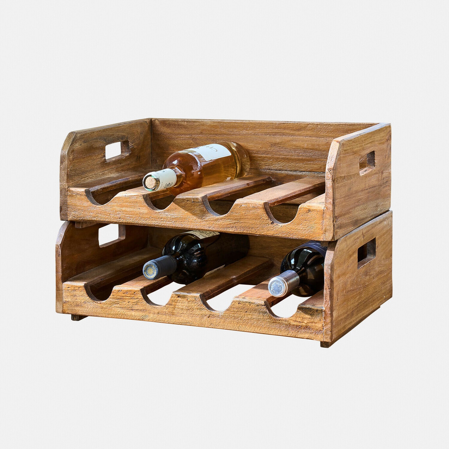 Flessenhouder set van 2 Crestwooden Houten wijnrek in natuurlijke kleur met ruimte voor zes flessen, praktische keukenorganizer
