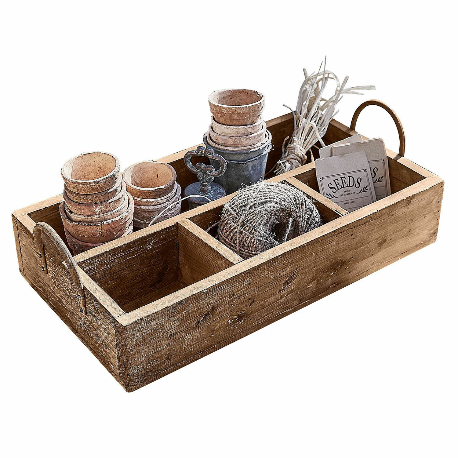 Dienblad Jixel Houten bak met vakken, terracotta potten, touw en zaadzakjes voor tuinieren