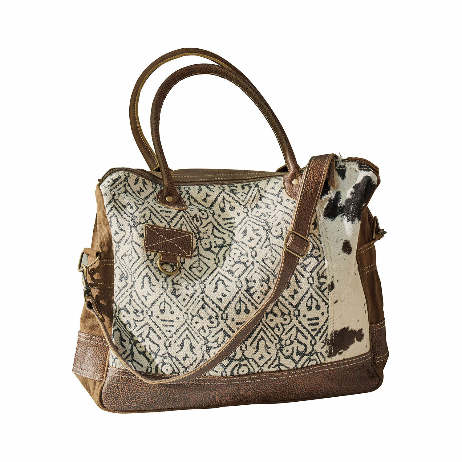 Tas Elma Tas van gemêleerde stof en bruin leer met bontdetail, modieuze dagelijkse accessoire