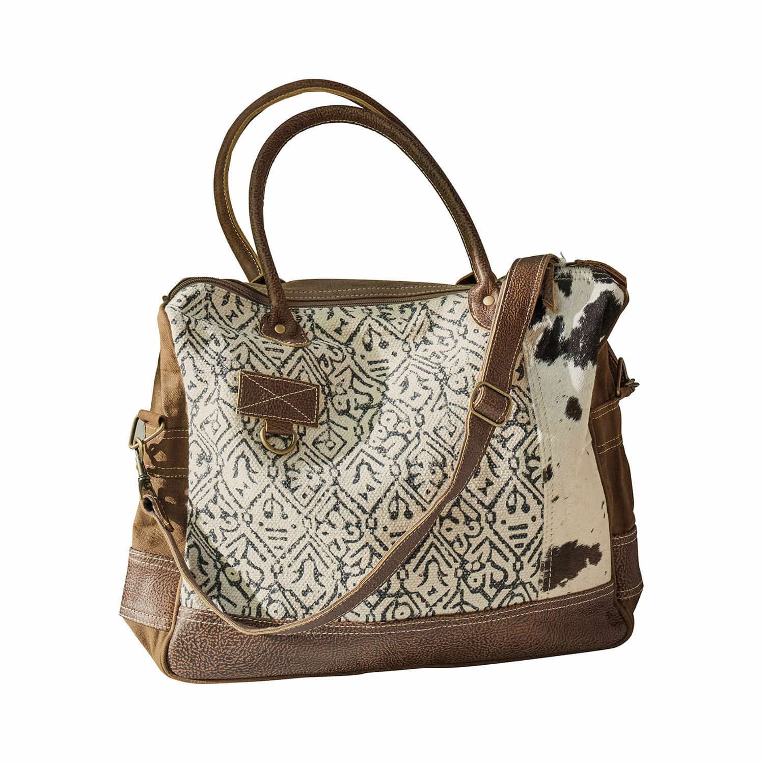 Tas Elma Tas van gemêleerde stof en bruin leer met bontdetail, modieuze dagelijkse accessoire