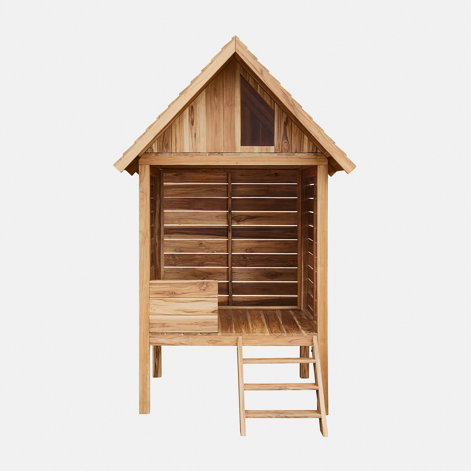 Maisonnette en bois naturel de teck brun clair avec échelle, idéale pour enfants et jardin