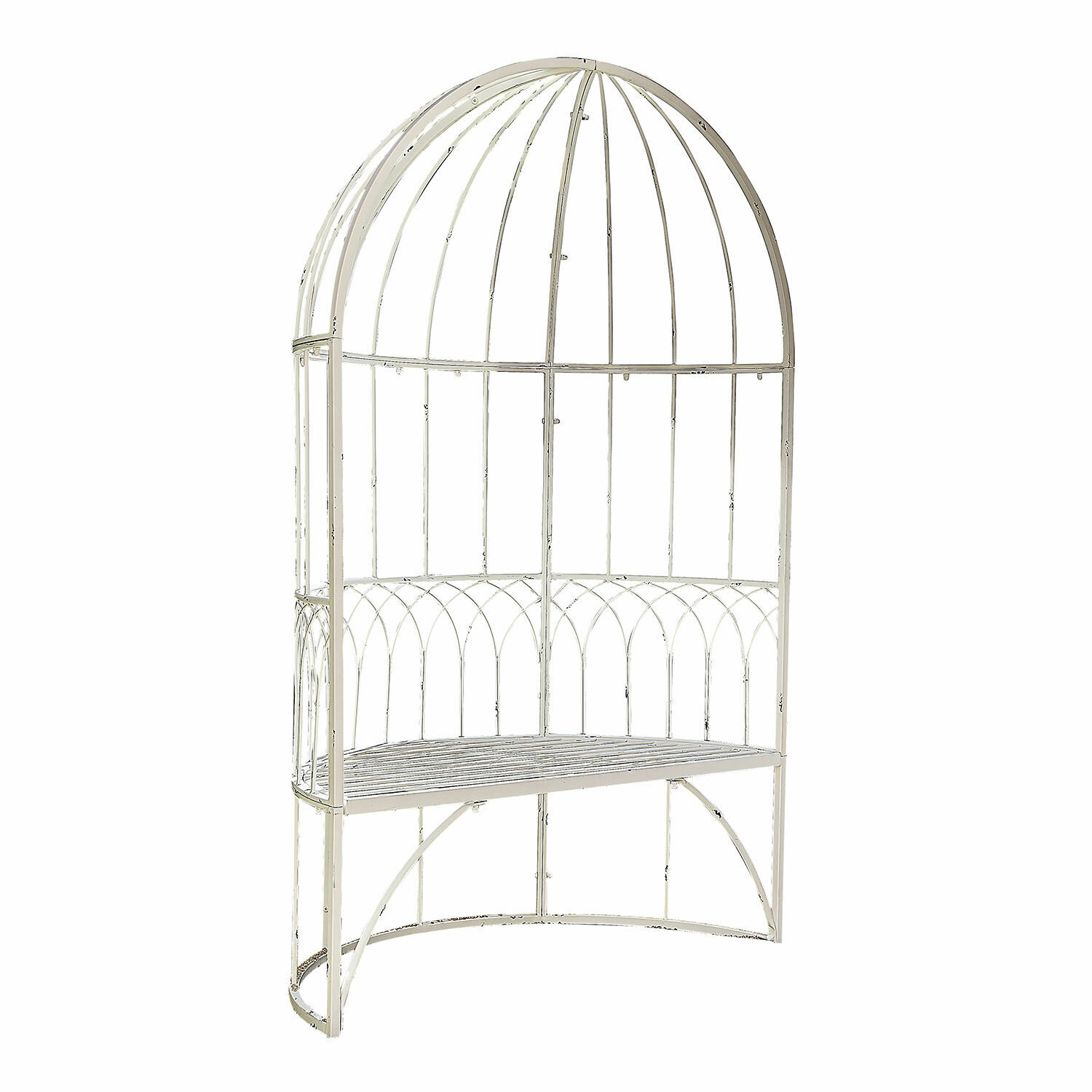 antiekwit Metalen Rivandelle bank in antiek wit met decoratieve boogrugleuning voor tuinmeubilair