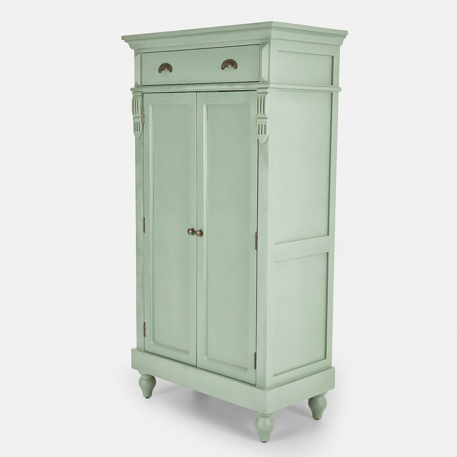 Mintgroene houten kast met lade en dubbele deuren, klassieke opbergmeubel